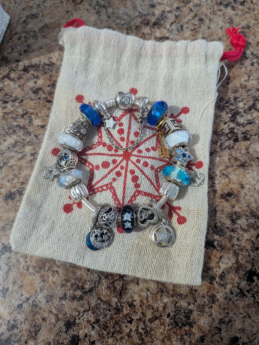 Pandora Full Charm Bracelet with Blue and White Glass Beads, Sz. 8.3"